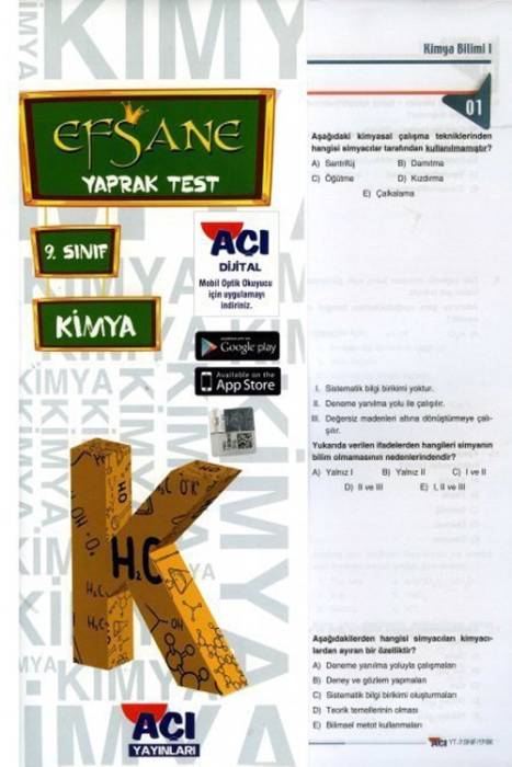 Açı 9. Sınıf EFSANE Kimya Çek Kopart Yaprak Test Açı Yayınları