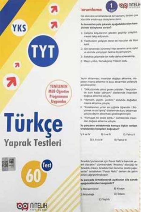YKS TYT Türkçe Yaprak Testleri 60 Test Nitelik Yayınları